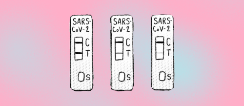 ilustração em preto e branco de três dispositivos de teste de SARS-CoV-2 lado a lado com três apresentações da linha de baixo (T) diferentes: tão nítida quanto a de cima (C), um pouco mais clara e quase imperceptível